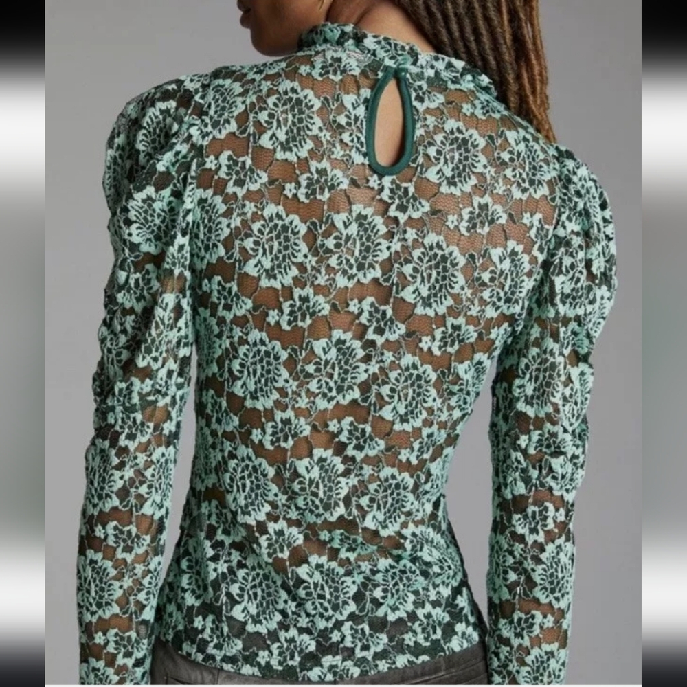 NWOT S Anthropologie Dolan Left Coast Sheer Mock Neck Lace Top Multi Green - Picture 4 of 7
